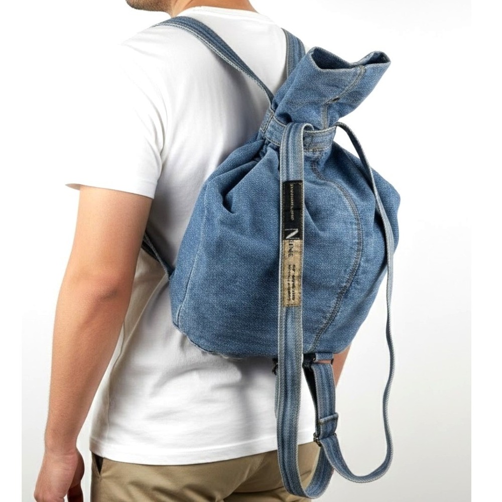VTG 90's Y2K New York Line Jeans Denim Backpack Blue Cinch‎ Drawstring Bag